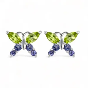 10K White gold peridot and iolite butterfly studs earring-10046