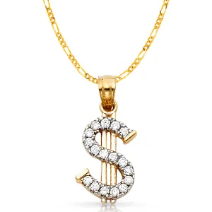 14K Gold CZ Dollar Sign Charm Pendant with 2.3mm Figaro 3 1 Chain Necklace