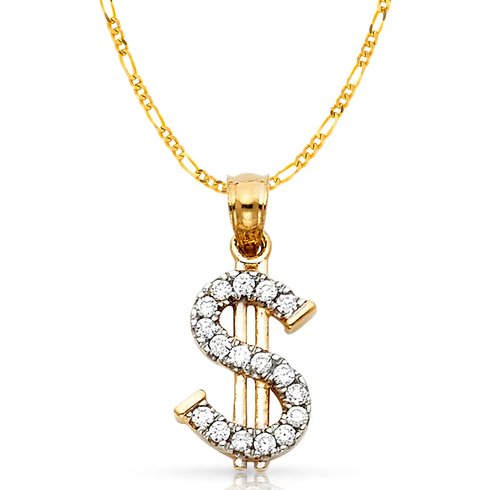 14K Gold CZ Dollar Sign Charm Pendant with 2.3mm Figaro 3 1 Chain Necklace