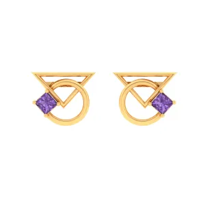 14k Unique Geometrical Gold Earrings With Violet Stones