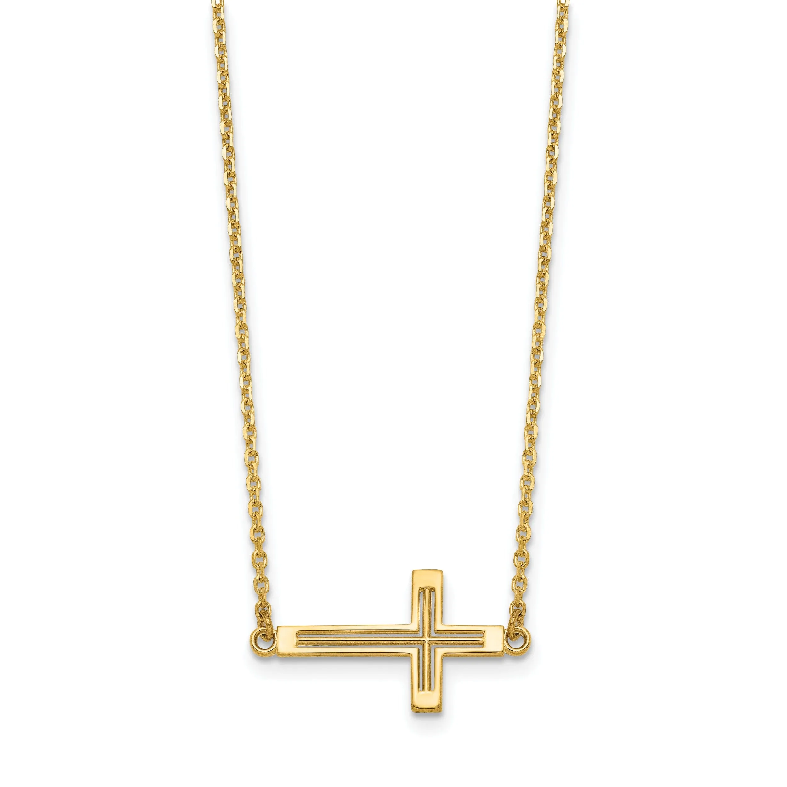 14k Yellow Gold Polished Finish Sideway Cross Cut Out Design Pendant in a 19-Inch Cable Chain Necklace Set