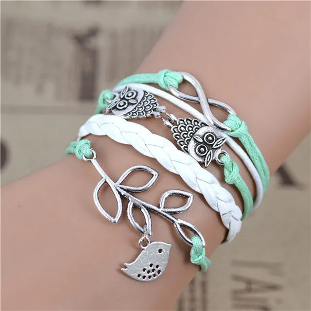 2017 New Infinity Love Leather Love Owl Leaf Charm Handmade Bracelet Bangles Jewelry Friendship Gift Items 2pac/lot