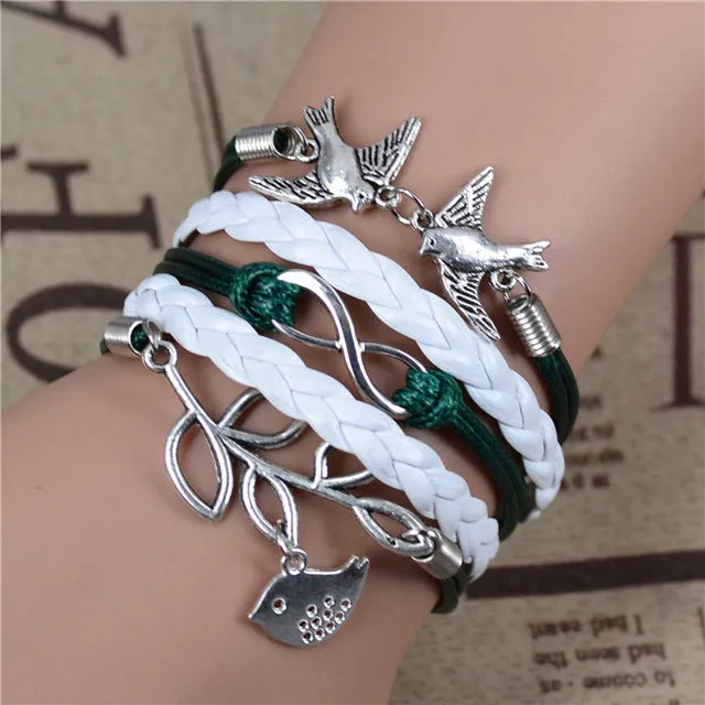 2017 New Infinity Love Leather Love Owl Leaf Charm Handmade Bracelet Bangles Jewelry Friendship Gift Items 2pac/lot