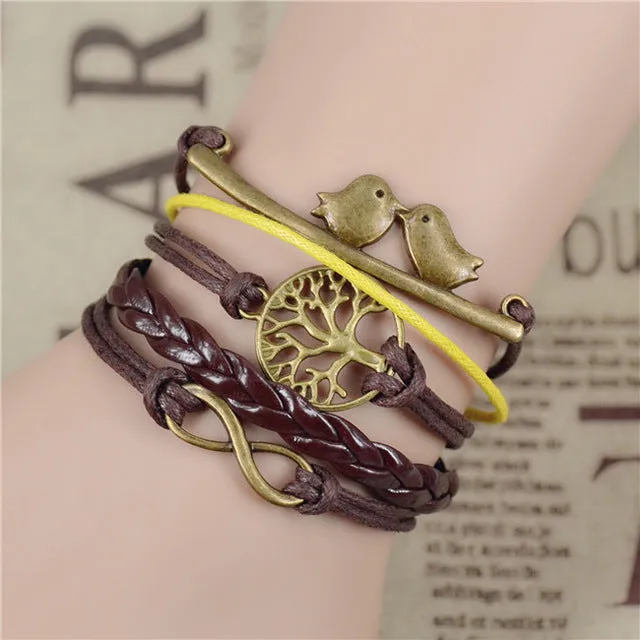 2017 New Infinity Love Leather Love Owl Leaf Charm Handmade Bracelet Bangles Jewelry Friendship Gift Items 2pac/lot