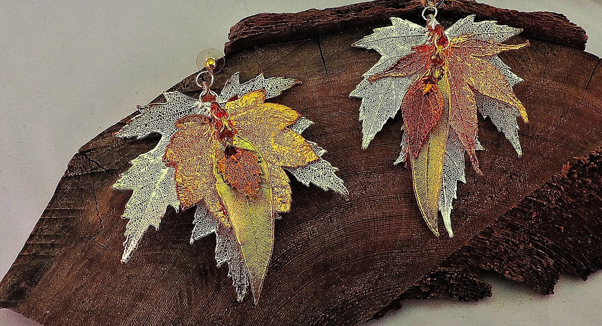 24k Gold, Silver and Copper Leaf Dangle Earrings