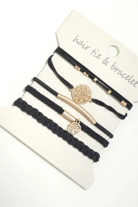 5 Set Black & Gold Hair Tie Bracelet