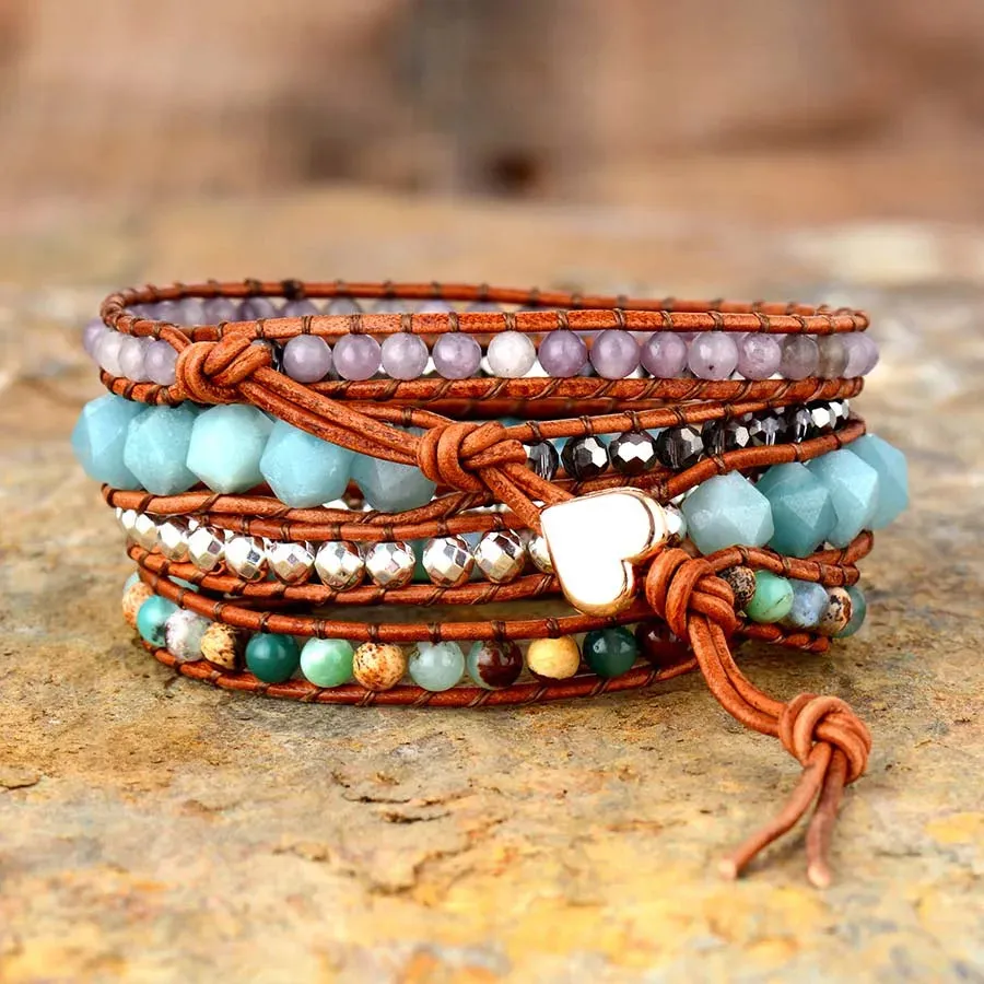 5 Strand Gemstone Leather Wrap Bracelet for Women