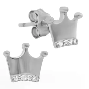 925 Sterling Silver Crown with Zircon Design with Cubic Zirconia Earrings Stud Push Backing