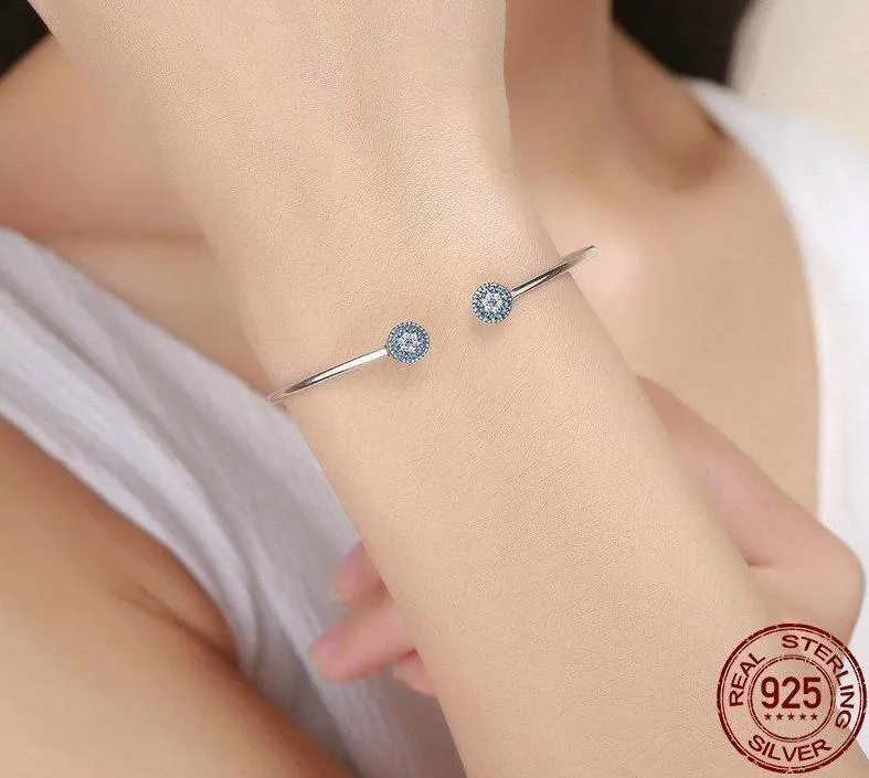 925 Sterling Silver Lucky Blue Eyes Bangle & Bracelet Charm Jewelry #SCB058