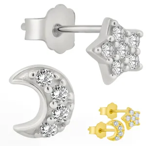 925 Sterling Silver Moon and Star with Cubic Zirconia Earrings Stud Push Backing