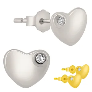 925 Sterling Silver Plain Heart Shaped Design with Cubic Zirconia Earrings Stud Push Backing