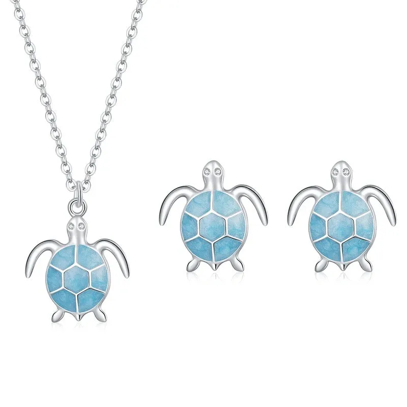 925 Sterling Silver Sky Blue Enamel Turtle Pendant Necklace Cute Animal Adjustable Necklace for Women Fine Jewelry