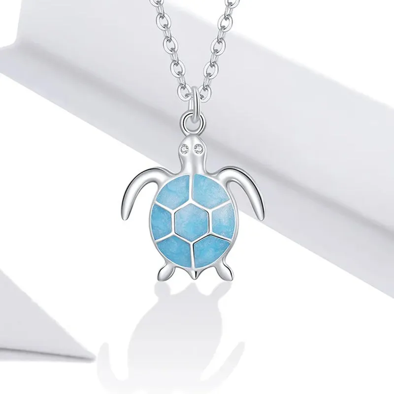 925 Sterling Silver Sky Blue Enamel Turtle Pendant Necklace Cute Animal Adjustable Necklace for Women Fine Jewelry