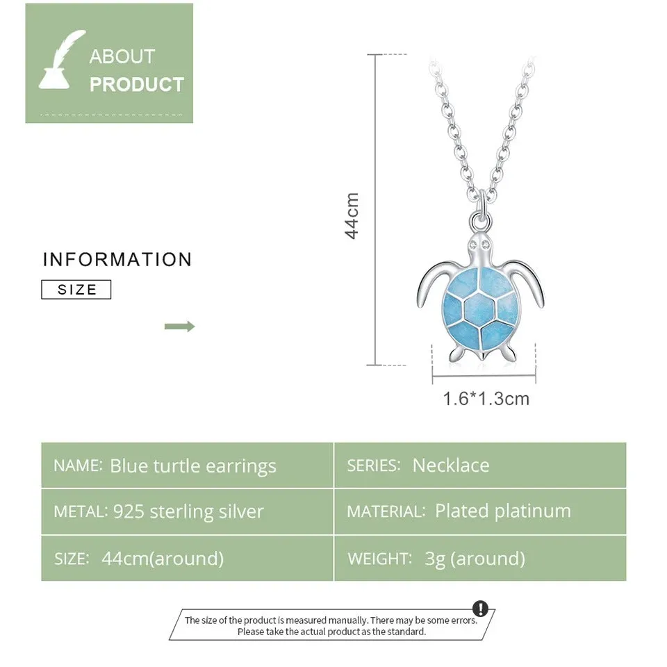 925 Sterling Silver Sky Blue Enamel Turtle Pendant Necklace Cute Animal Adjustable Necklace for Women Fine Jewelry