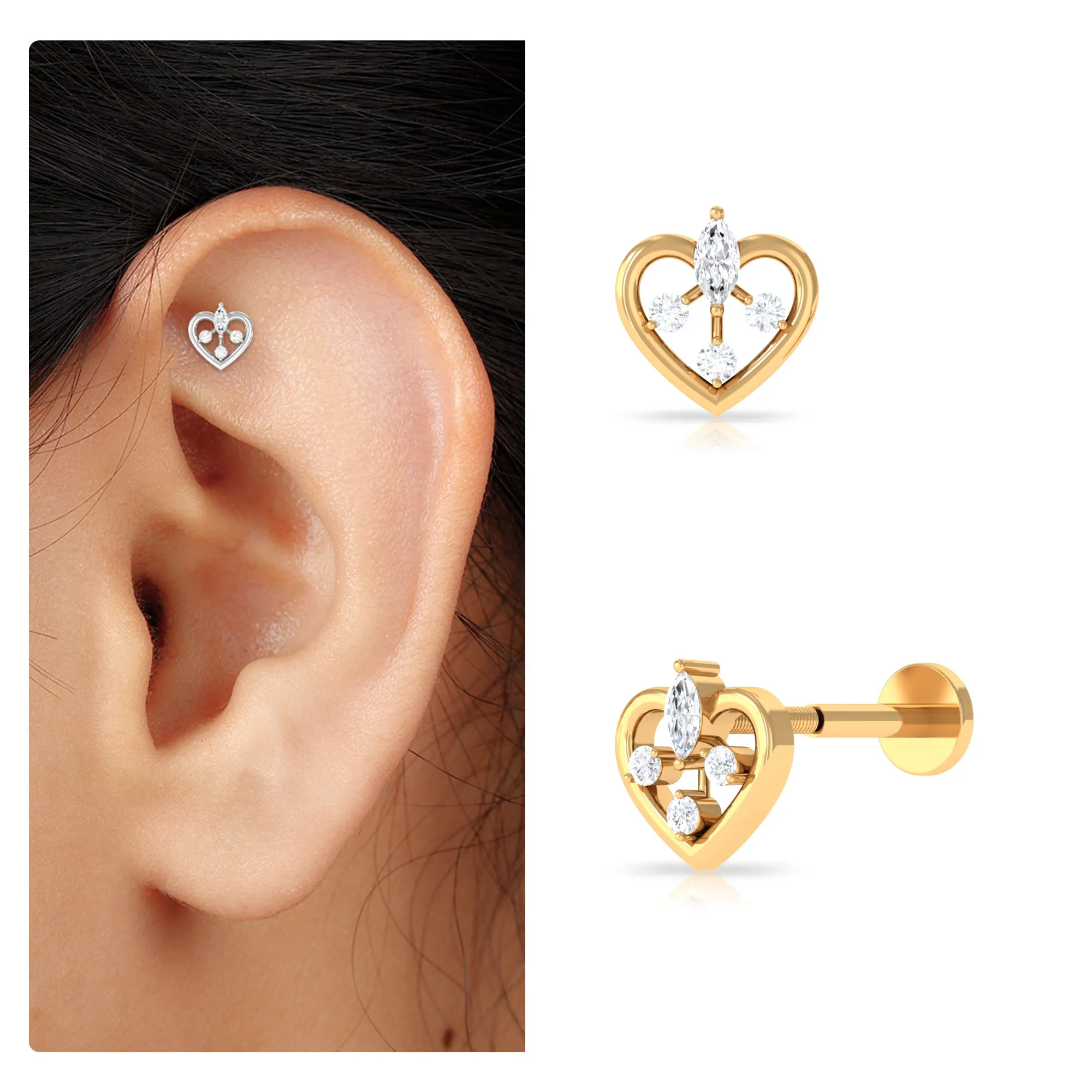 Adorable Diamond Gold Heart Earring for Cartilage Piercing