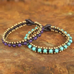 Blue Purple Aryuveda Hand Made Quartz and Resin Beaded Bracelets (Pair)