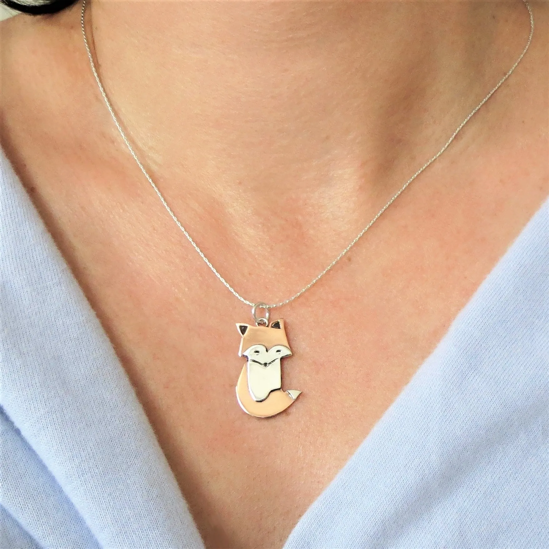 Copper and 925 Silver Fox Pendant Necklace