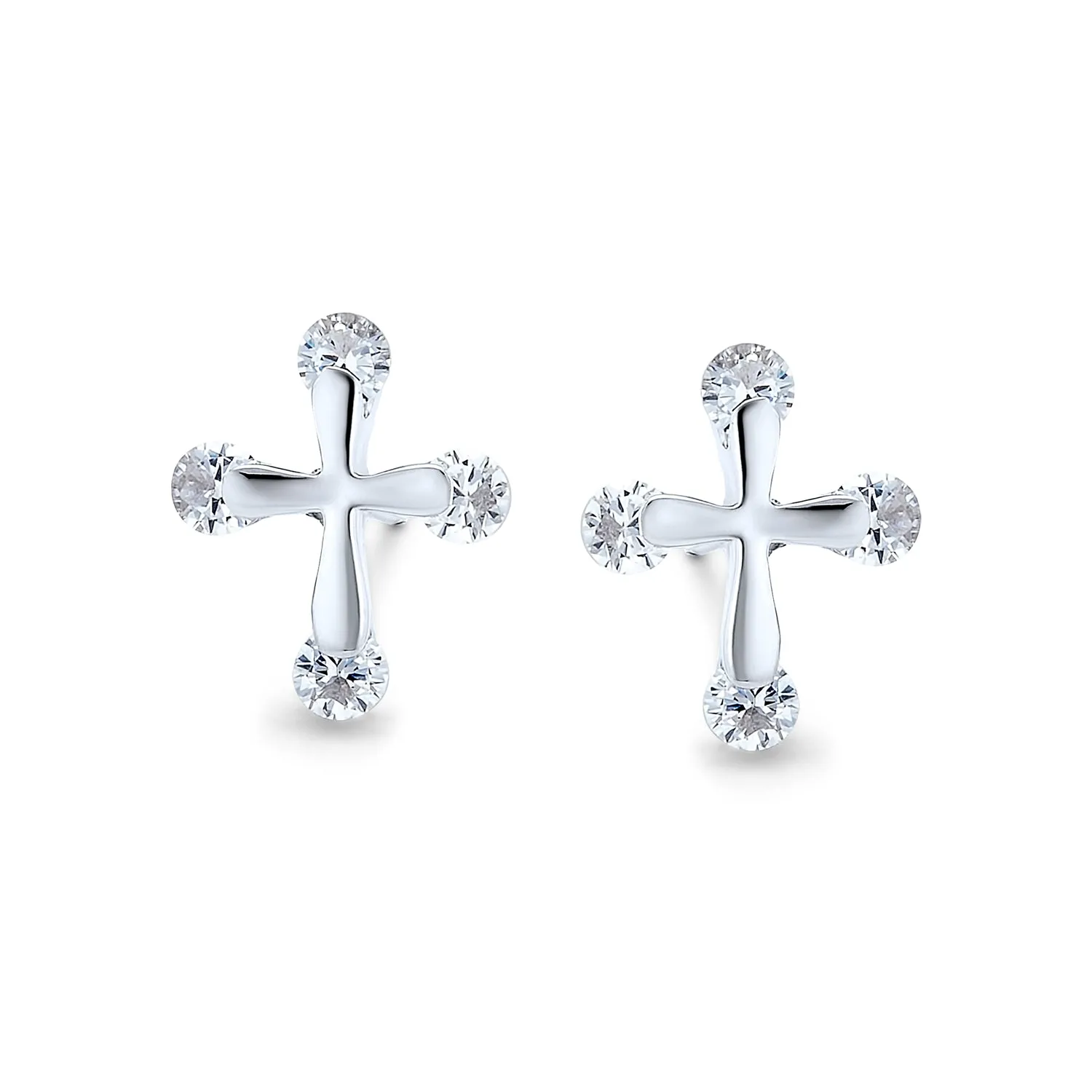 Dainty CZ Stud Earrings with Petite Religious Cross for Men in Sterling Silver