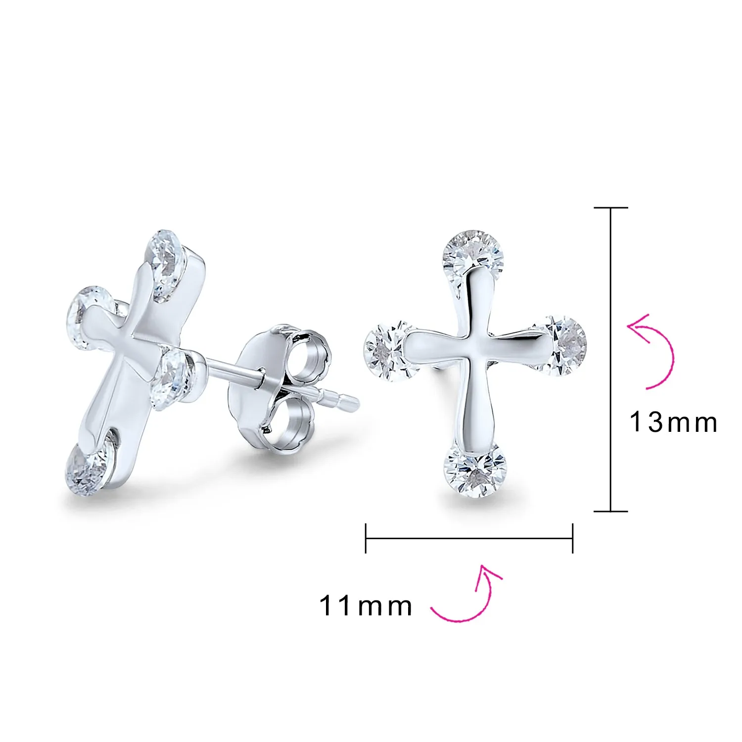 Dainty CZ Stud Earrings with Petite Religious Cross for Men in Sterling Silver