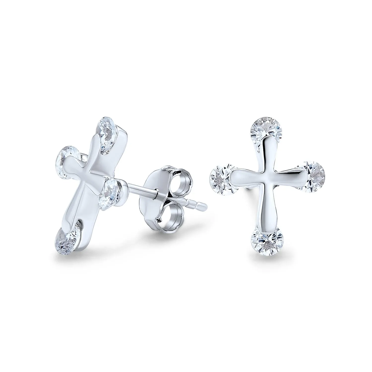 Dainty CZ Stud Earrings with Petite Religious Cross for Men in Sterling Silver