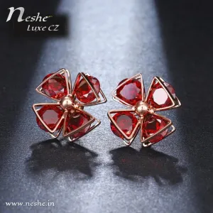 Flower Shape Red CZ Crystal Geometric Stud Earrings