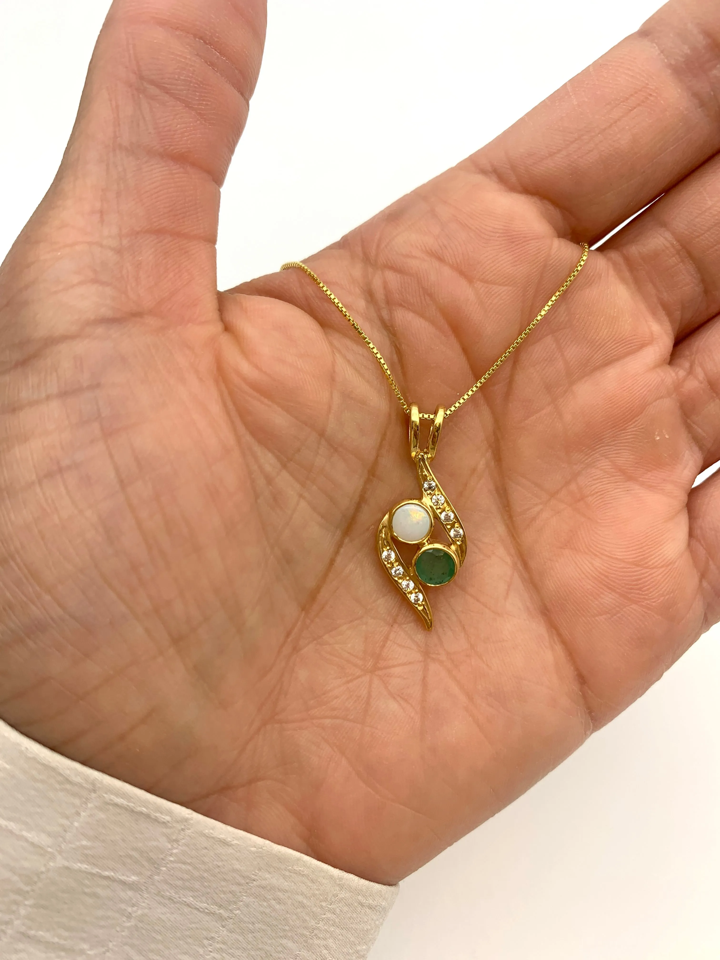 Gold Emerald Necklace - Vintage Opal Pendant - Two Stone Necklace