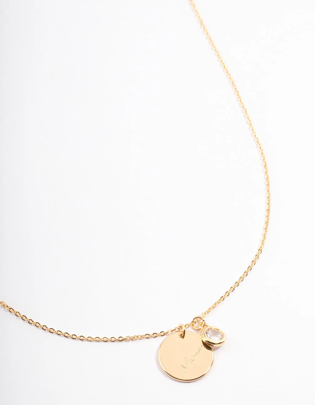 Gold Plated 'Mama' Script Disc Cubic Zirconia Necklace