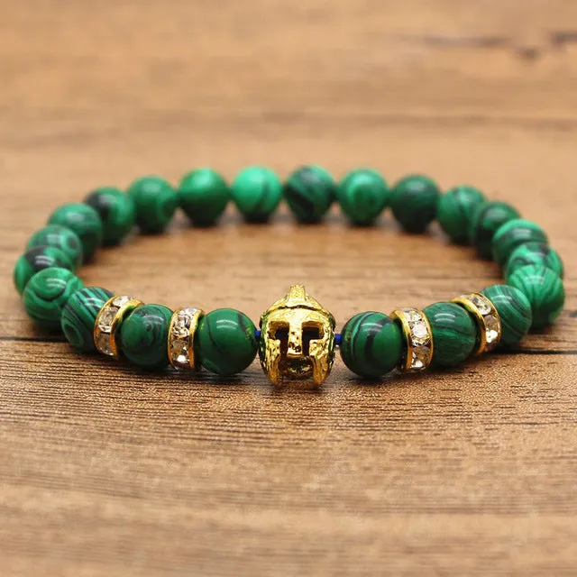 Hansion Hot Roman Knight Spartan Warrior Gladiator Helmet Rhinestone Bracelet Men Malachite Stone Bead Bracelets For Men Jewelry