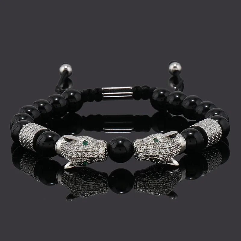 Luxury Black Stone Beads Man Bracelet Leopard Head Charms Women Bracelets Couple Jewelry Valentine's Day