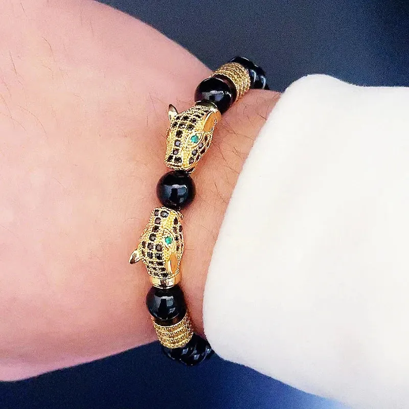 Luxury Black Stone Beads Man Bracelet Leopard Head Charms Women Bracelets Couple Jewelry Valentine's Day