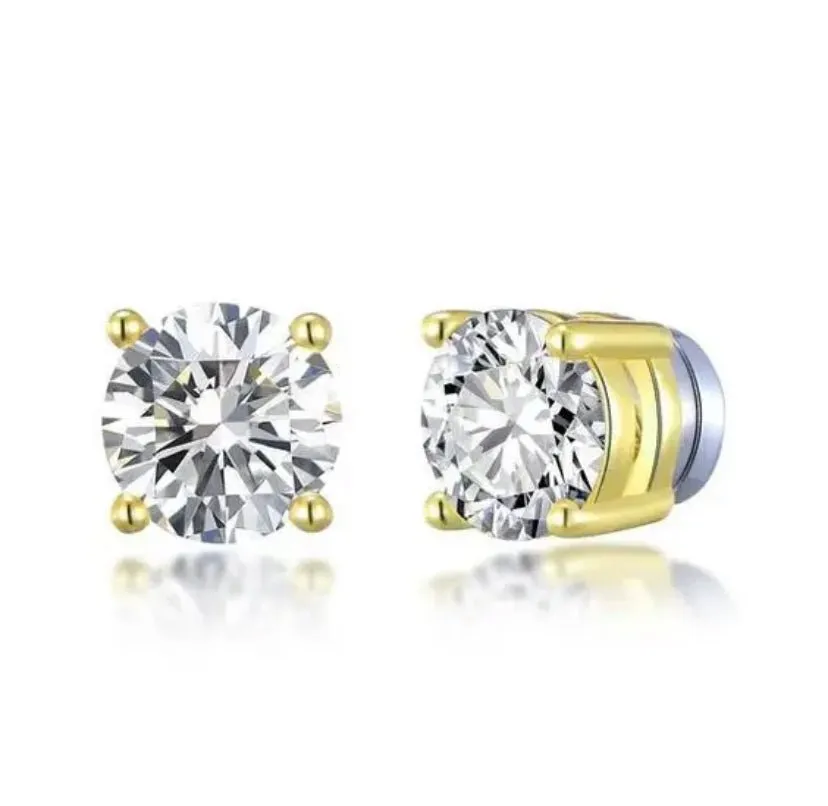 Magnetic Princess Cut CZ and Gold Stud Earrings