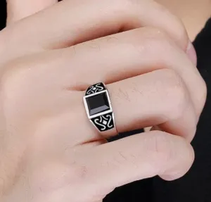 Men's Simple Bezel Set Square Cut Black Onyx Statement Rings - 925 Sterling Silver Rings