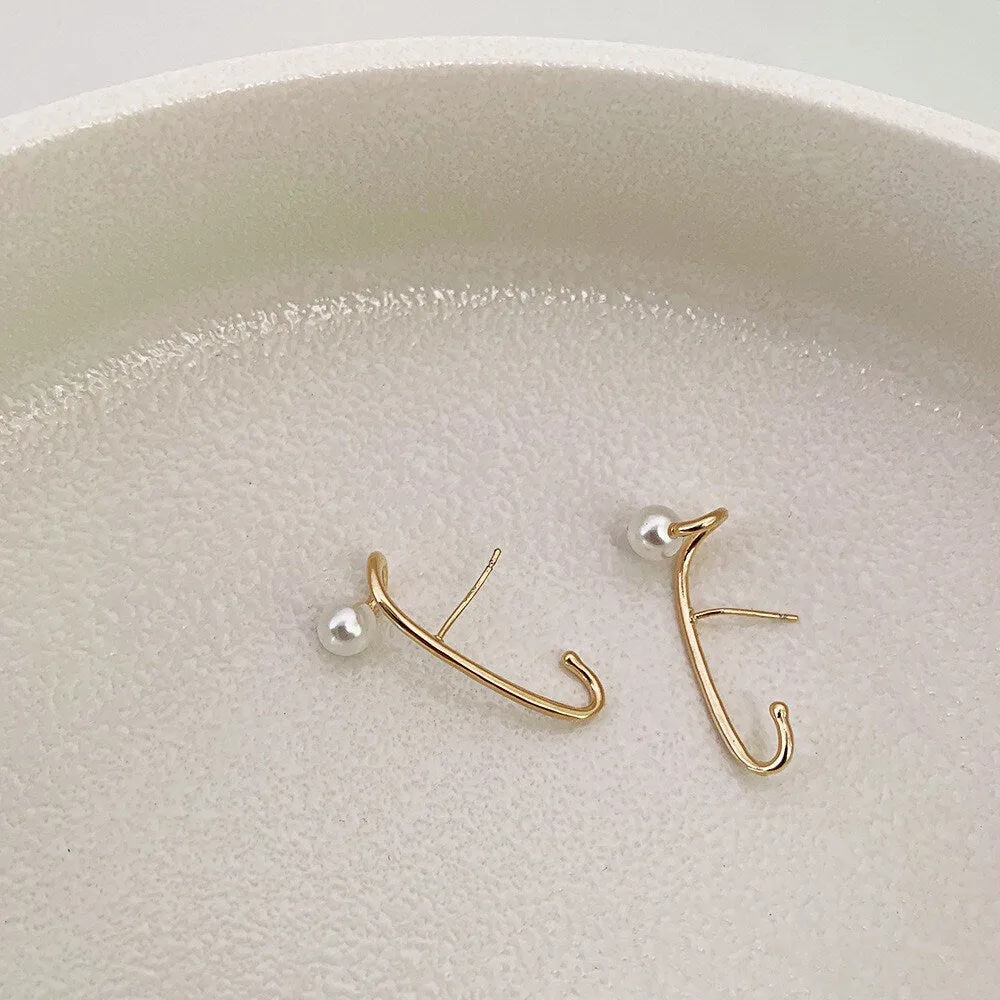 Minimalist Gold Cuff Pearl Earrings 925 Sterling Silver