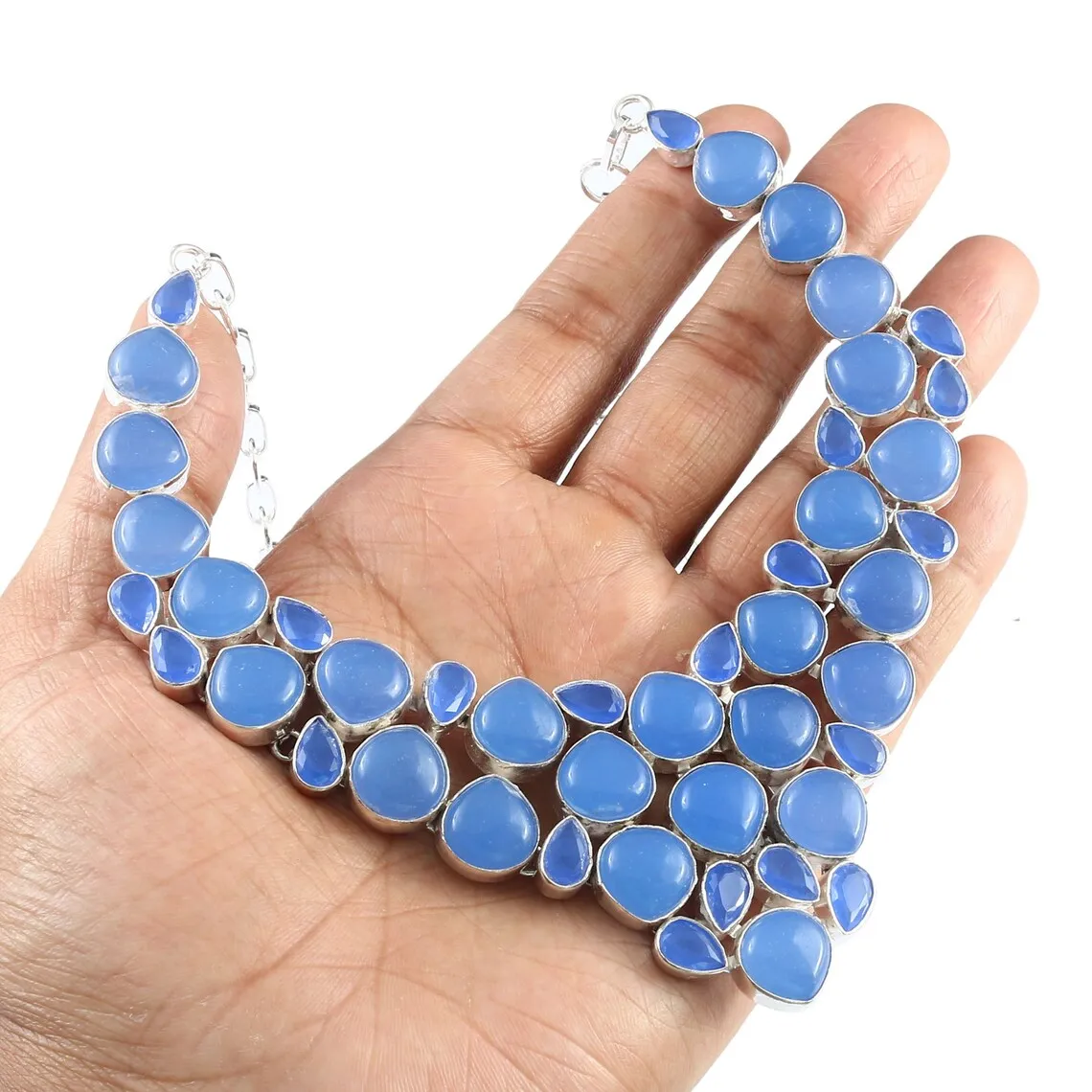 Natural Aqua Chalcedony Bib Necklace  - 925 Sterling Silver Wedding Necklace