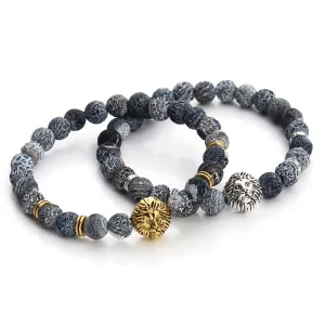 New Antique Silver/Gold Plated Buddha Leo Lion Head Bracelet Men 8mm Natural Agate Beads Bracelets Pulseras Hombre