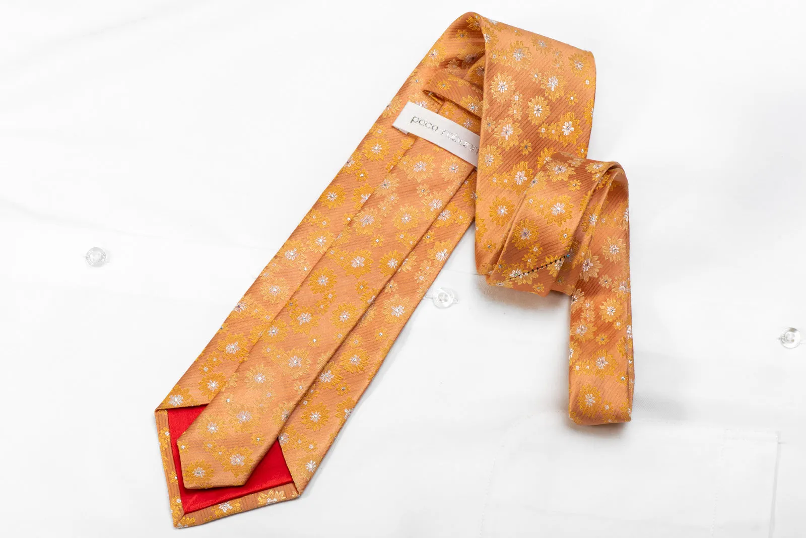 Paco Rabanne Men's Crystal Silk Necktie Floral On Preach Orange With Gold Studs