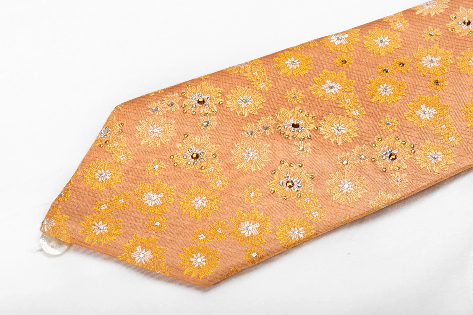 Paco Rabanne Men's Crystal Silk Necktie Floral On Preach Orange With Gold Studs