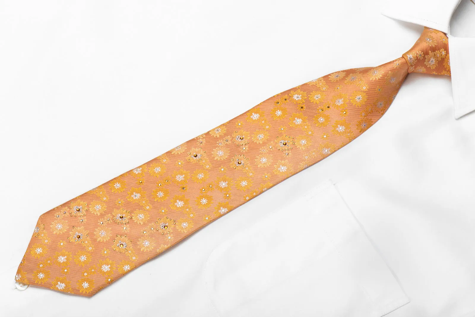 Paco Rabanne Men's Crystal Silk Necktie Floral On Preach Orange With Gold Studs