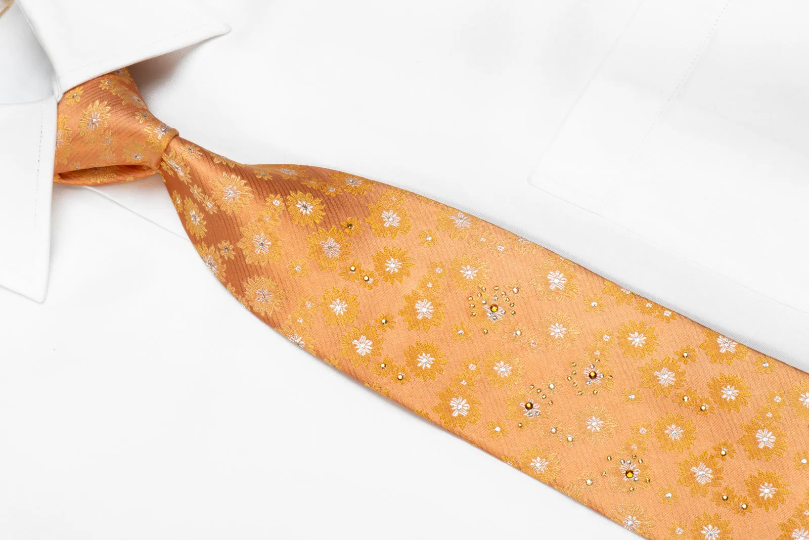 Paco Rabanne Men's Crystal Silk Necktie Floral On Preach Orange With Gold Studs