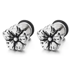 Pair Womens Vintage Puff Flower Stud Earrings of Stainless Steel, Screw Back, Unique