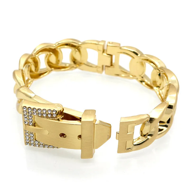 Punk Women Jewelry Smooth Simply Girl Bracelet 18K Gold Plated 18mm Wide Bracelet Crystal Paved Clasps Belt Buckle