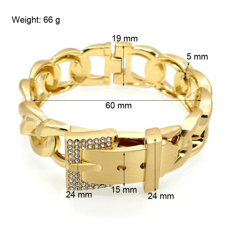 Punk Women Jewelry Smooth Simply Girl Bracelet 18K Gold Plated 18mm Wide Bracelet Crystal Paved Clasps Belt Buckle