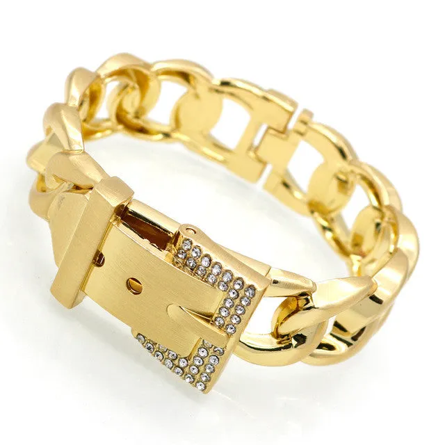 Punk Women Jewelry Smooth Simply Girl Bracelet 18K Gold Plated 18mm Wide Bracelet Crystal Paved Clasps Belt Buckle