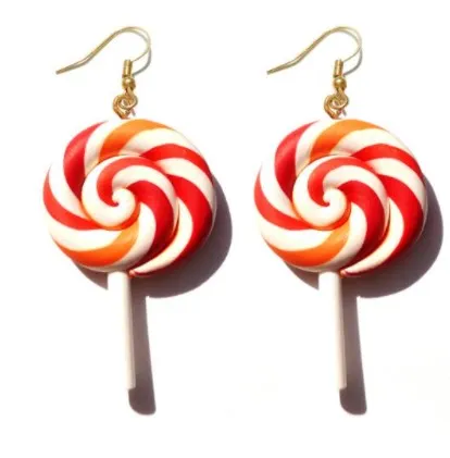 Red and Orange Swirl Lollipop Earrings | Creative Unique Colorful Rainbow Lollipop Dangle Earrings | Candy Pendant Drop Lollipop Earrings