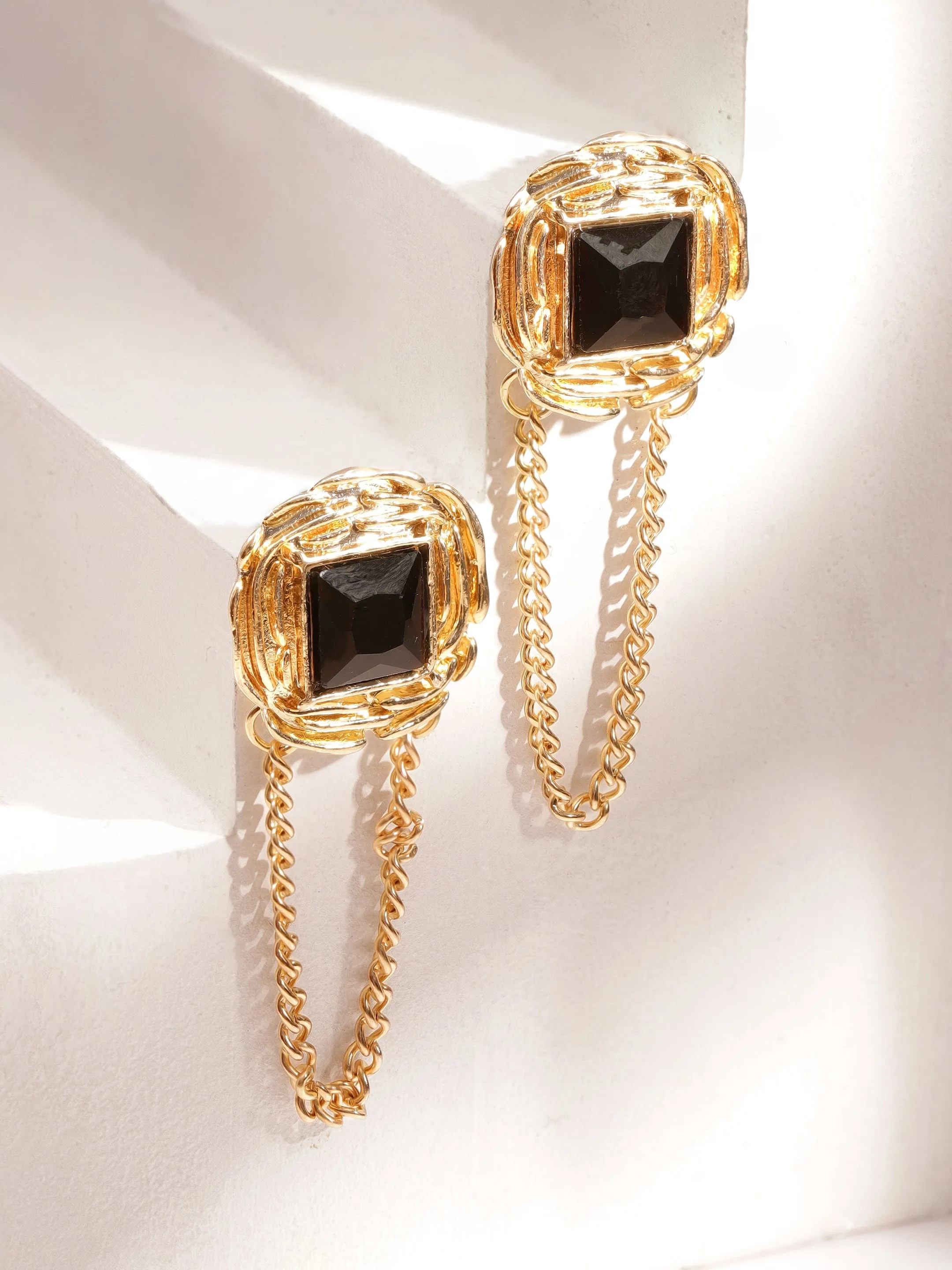 Rubans 18K Gold Plated Square Black Stone Studded Chain Earrings Stylish Statement Jewelry