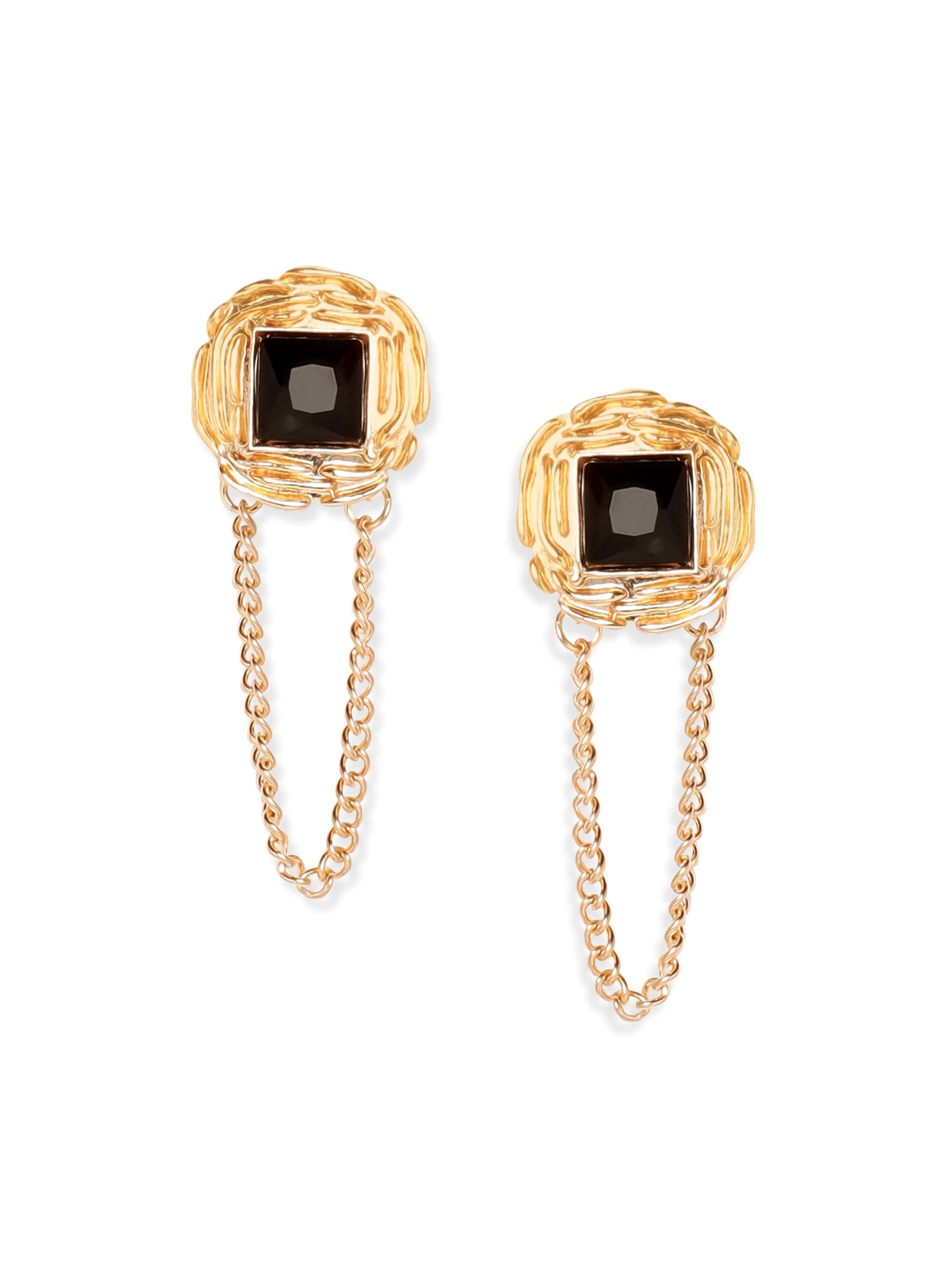 Rubans 18K Gold Plated Square Black Stone Studded Chain Earrings Stylish Statement Jewelry