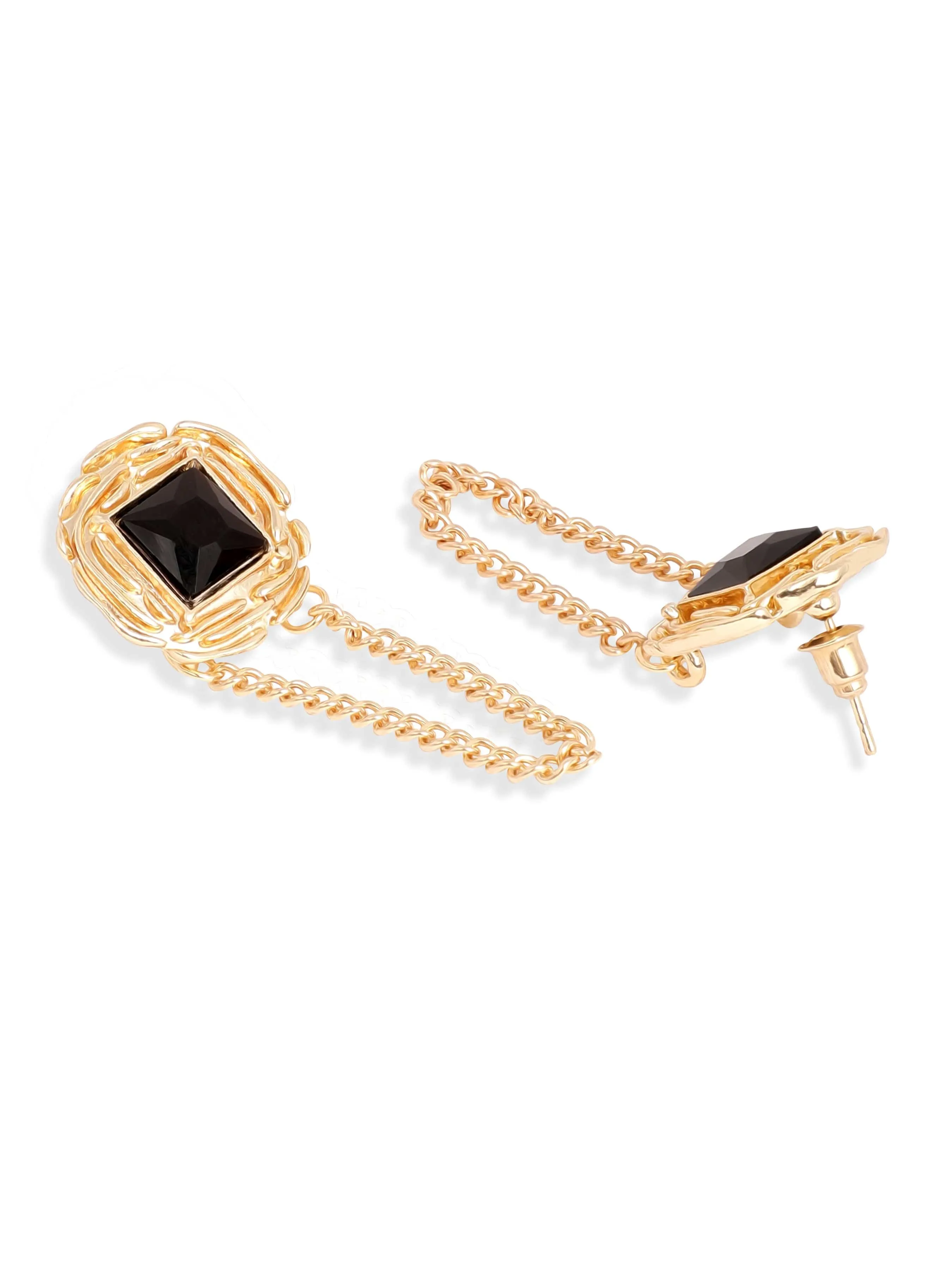 Rubans 18K Gold Plated Square Black Stone Studded Chain Earrings Stylish Statement Jewelry