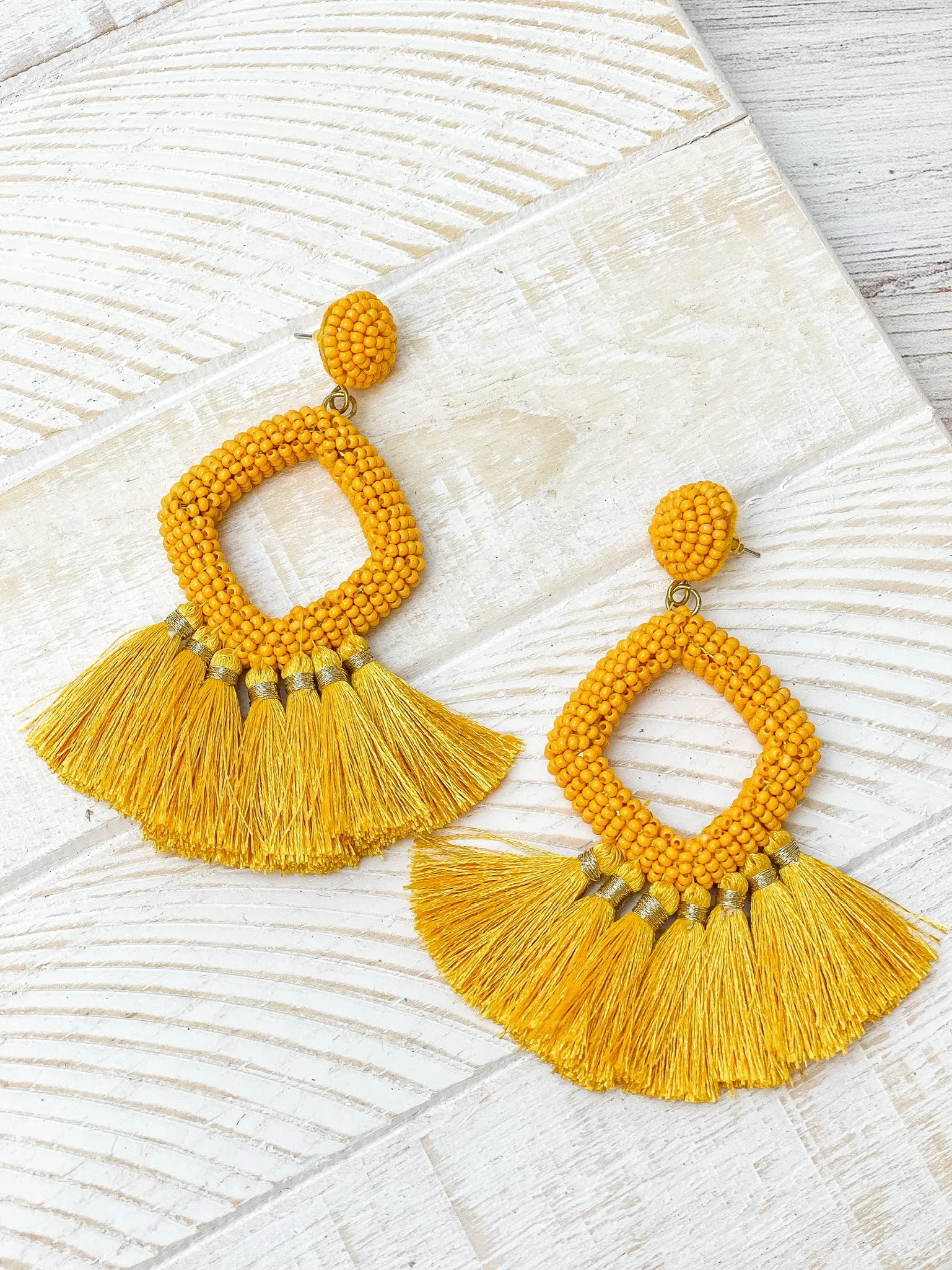 Seed Bead Fringe Dangle Earrings - Yellow