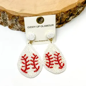 Sequin Teardrop Baseball Earrings in White