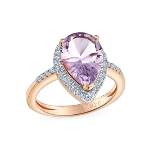 Silver Ring with 3.75CTW Zircon Pave Halo Pear Shape Gemstone in Rose Gold Overlay